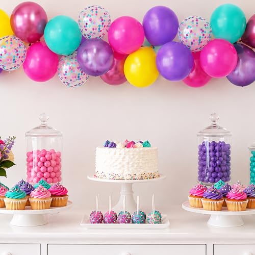 Image of Purple Pink Blue Confetti Balloon, Birthday Balloons Party Decorations- 12in Hot Pink Metallic Purple Teal Blue Yellow Latex Balloons Bulk 56Pcs for Dollhouse Kpop Kitties Colorful Magic Party Theme