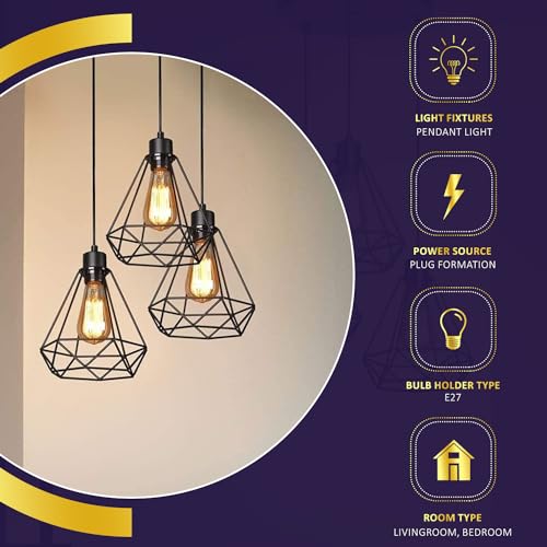 Image of Lexton Diamond Cluster Pendant Light, Home Decor Items, Hanging Ceiling Decorative Chandelier Home, Living Room, Indoor Outdoor Jhumar Lighing, 40 Watts,(Bulb Not Included, Black)