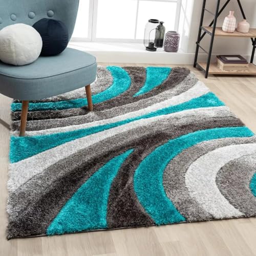 Image of Soft Shaggy Carpet 8x10 Feet - Ultra Plush, Non-Slip, High Pile 2 Inch Microfiber Rug for Bedroom, Living Room, Kids Room & Office - Modern Cozy Floor D�cor (Turquoise Silver C)
