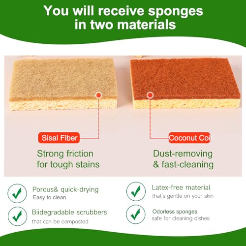 Image of Natural Sponges for Dishes - 12Pcs Biodegradable Sponges,Natural Dish Sponge, Palm Fiber Scrubbing Sponge