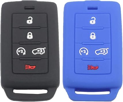 2pcs 5 Buttons Silicone Rubber Remote Smart Key Fob Case Cover Protector Holder Compatible with Jeep Grand Cherokee Grand Wagoneer 2021 2022 2023 Black Blue