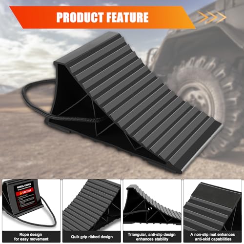 Image of Wheel Chocks for RV Trailer, 4 Pack Non Slip Wheel Chocks for Travel Trailers with Rope for Easy Removal, Lightweight Plastic Wheel Stoppers Block for Camper Cars Trucks