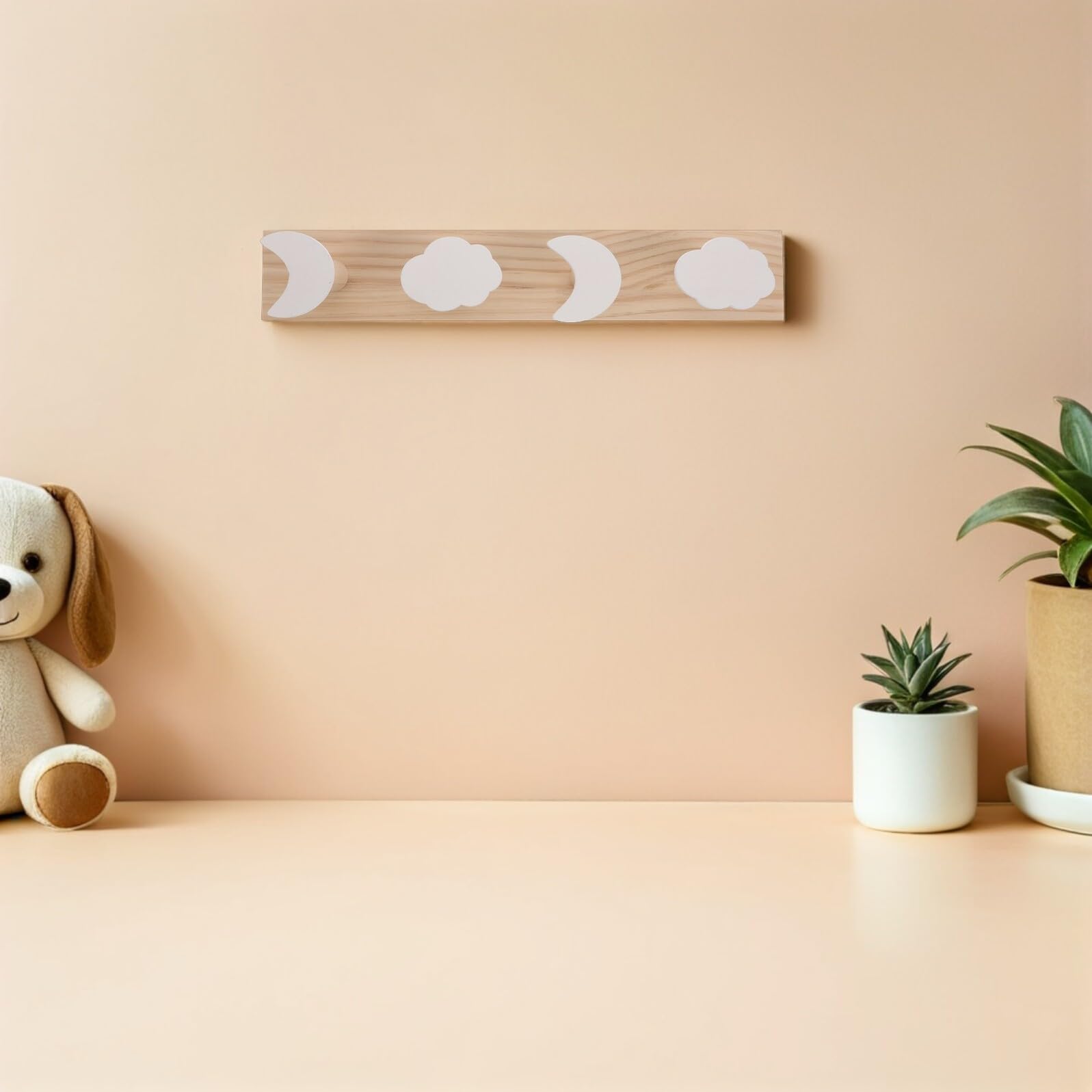 Perchero de Pared Creativo Diseño Nórdico de Luna y Nube, Ganchos de Madera Seguros para Habitación Infantil, Dormitorio y Cocina, Colgadores Decorativos Funcionales