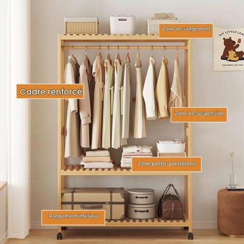 Romyqpipy Porte-Manteau Sur Roulettes En Bambou, éTagèRe à VêTements avec 3 Niveaux De Rangement, Penderie Ouverte Gain De Place pour EntréE, Chambre Ou Coin – vue 3