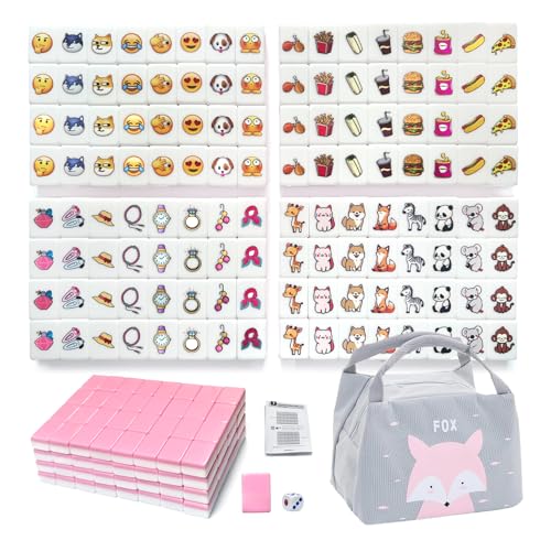 WELLATENT 4 Players Seaside Escape Game Blocks Mahjong Sets with 36mm 129 Pink Tiles ,Animal and Food and Emoji and Accessories Pattern with Bag.