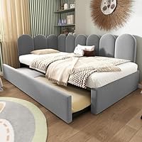 3ft Single Daybed with Pull-Out Bed, Functional Upholstered Bed with Metal Slatted Frame, Velvet Single Bed Frame Sofa Beds Guest Beds for Adults, Teenagers and Children, No Mattress, Grey, 90x190 cm