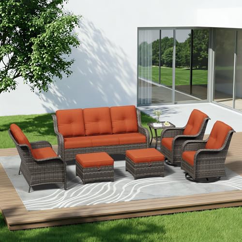 Image of 7 Piece Outdoor Wicker Patio Furniture Set, Outdoor Swivel Rocker Patio Chairs Set with Thickened Olefin Cushions, High Back and Deep Seating, Hand-Woven PE Rattan for Porch, Deck