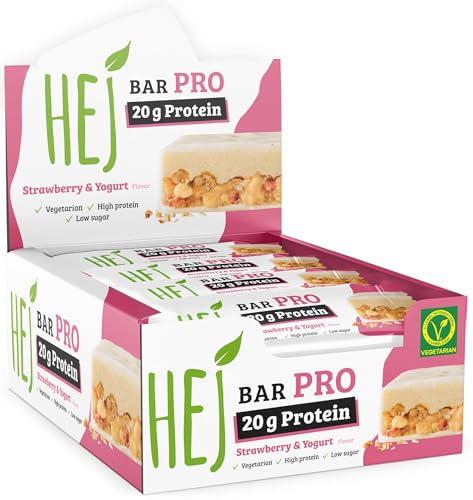 HEJ – Bar Pro Strawberry & Yogurt 12x60g – Proteinriegel mit 20g Protein pro Riegel – Low Sugar Eiweißriegel – Vegetarisch & ohne Palmöl – Ohne Zuckerzusatz & ohne künstliche Aromen