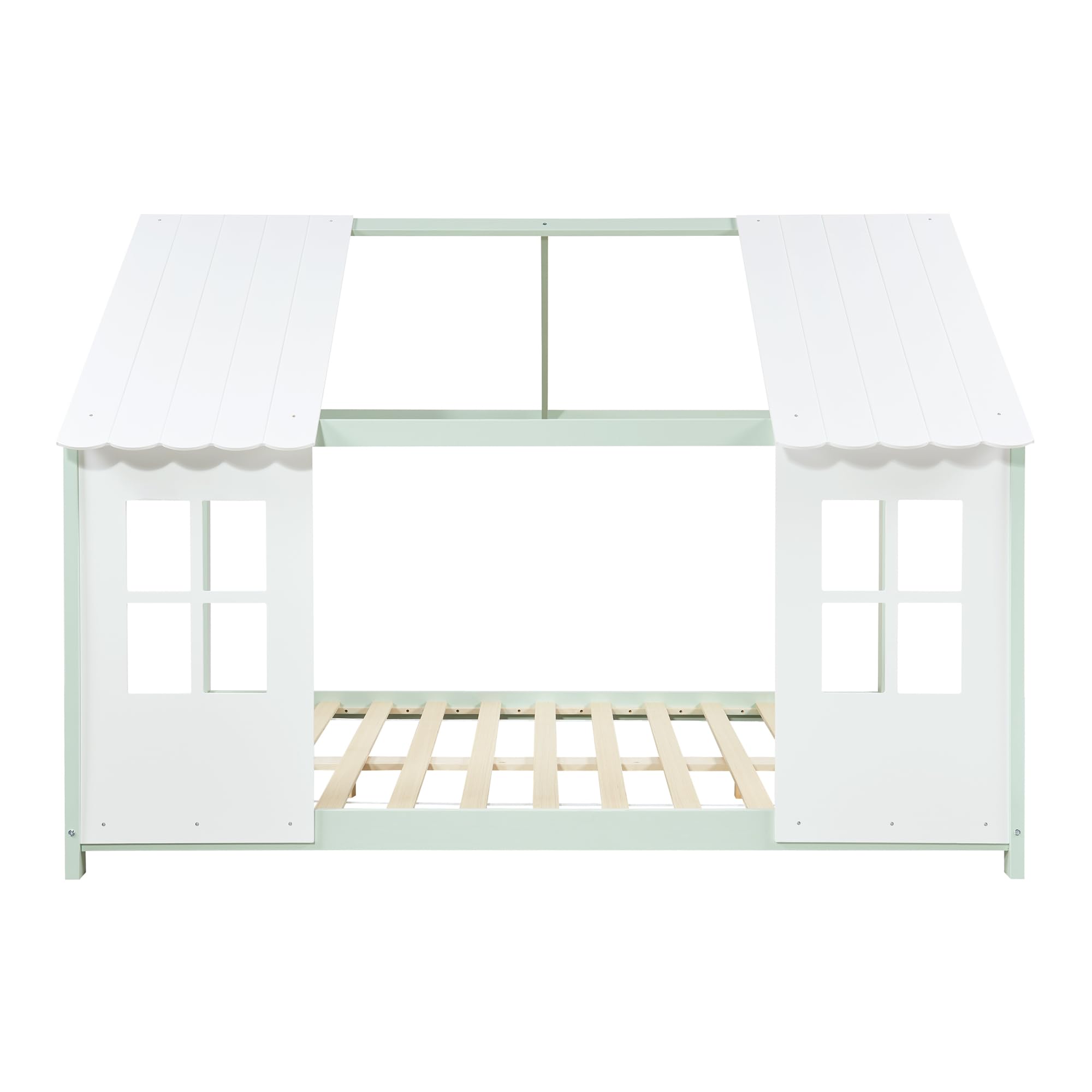 [en.casa] Cama Infantil Tostedt para Niños y Niñas en Forma de Casa con Ventanas y Techo Cama con Somier y Colchón máx. 200 kg Montessori 140 x 200 cm Madera de Pino - Verde Menta/Blanco