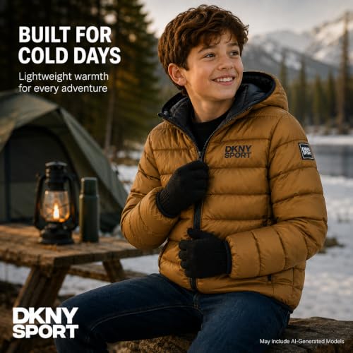 Image of DKNY Boys Winter Jacket, Midweight Puffer Coat, Weather Resistant, Hooded