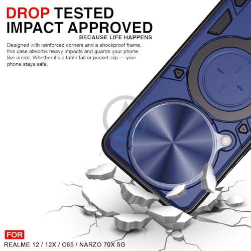 Image of AESTMO Armor Realme 12X / 12 / C65 / Narzo 70X 5GG Bumper Back Case Cover | Ring Holder & CD Pattern Sliding Camera Shutter Cover | 360 Degree Protection Back Case Cover (Blue)