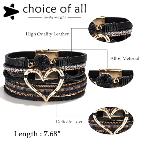 Boho Bracelets for Women Cowboy Chic Leather Bracelet Western Jewerly Chunky Leather Warp Bracelet Stack Layered Heart Bangle Cowgirl Country Concert Outfits for Women4