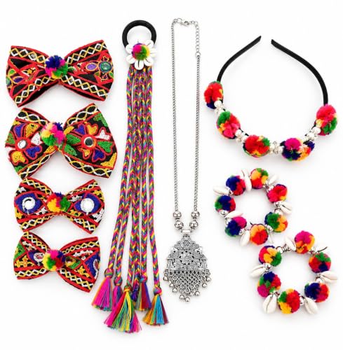 Yizika Navratri Accessories Set for Women and Girls, Multicolor Traditional Hair Bow, Hair Tassel, Floral Head