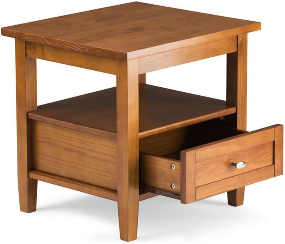 Pemberly Row Solid Wood End Side Table, 20 x 18 in, Light Golden Brown Finish, Rustic Transitional Style with Drawer and Shelf, Square Tapered Legs, Living Room or Bedroom Furniture