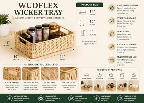 Image of Handmade Rattan Storage Tray for Bathroom & Kitchen Counter | Wicker Vanity Organizer Tray | Natural Cane Home Decor (35x25x10 cm, Beige)