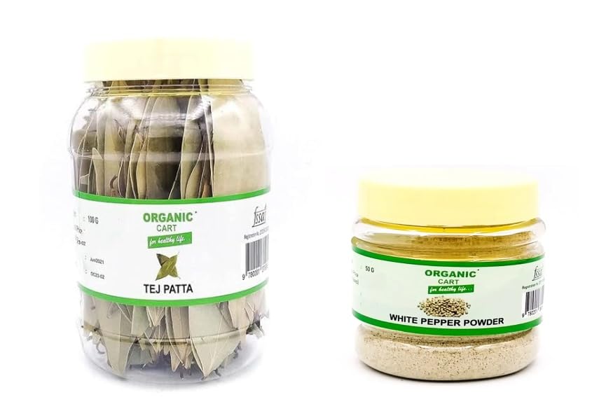 Image of ORGANIC CART Combo of 100 Gram - Bay Leaves - Tej Patta and White Pepper Powder 50 Gram (150 Gram)