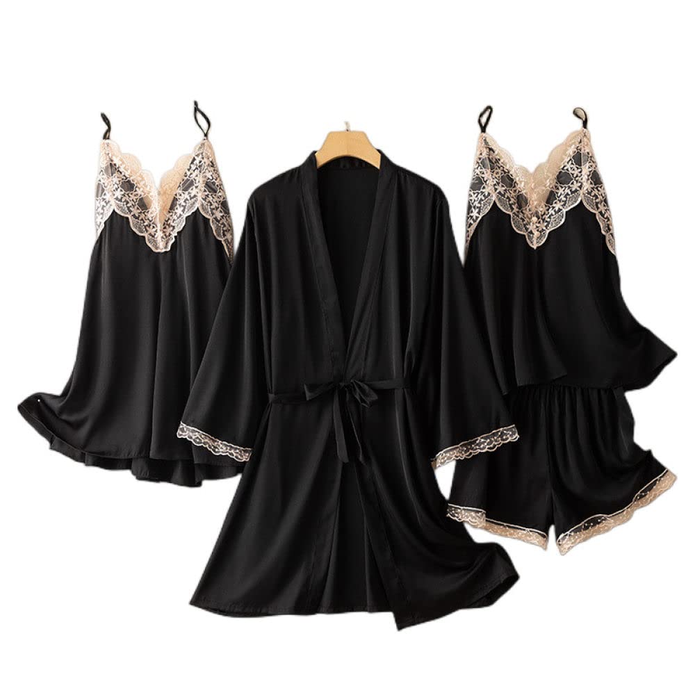 Accappatoio Donna,4 Pezzi Set Accappatoio Kimono In Raso Sexy Maglia In Pizzo Con Scollo A V Camicia Da Notte Senza Schienale Vestaglia Canotta Pantaloncini Set Elegante Abito Retrò Vestaglia Sposa