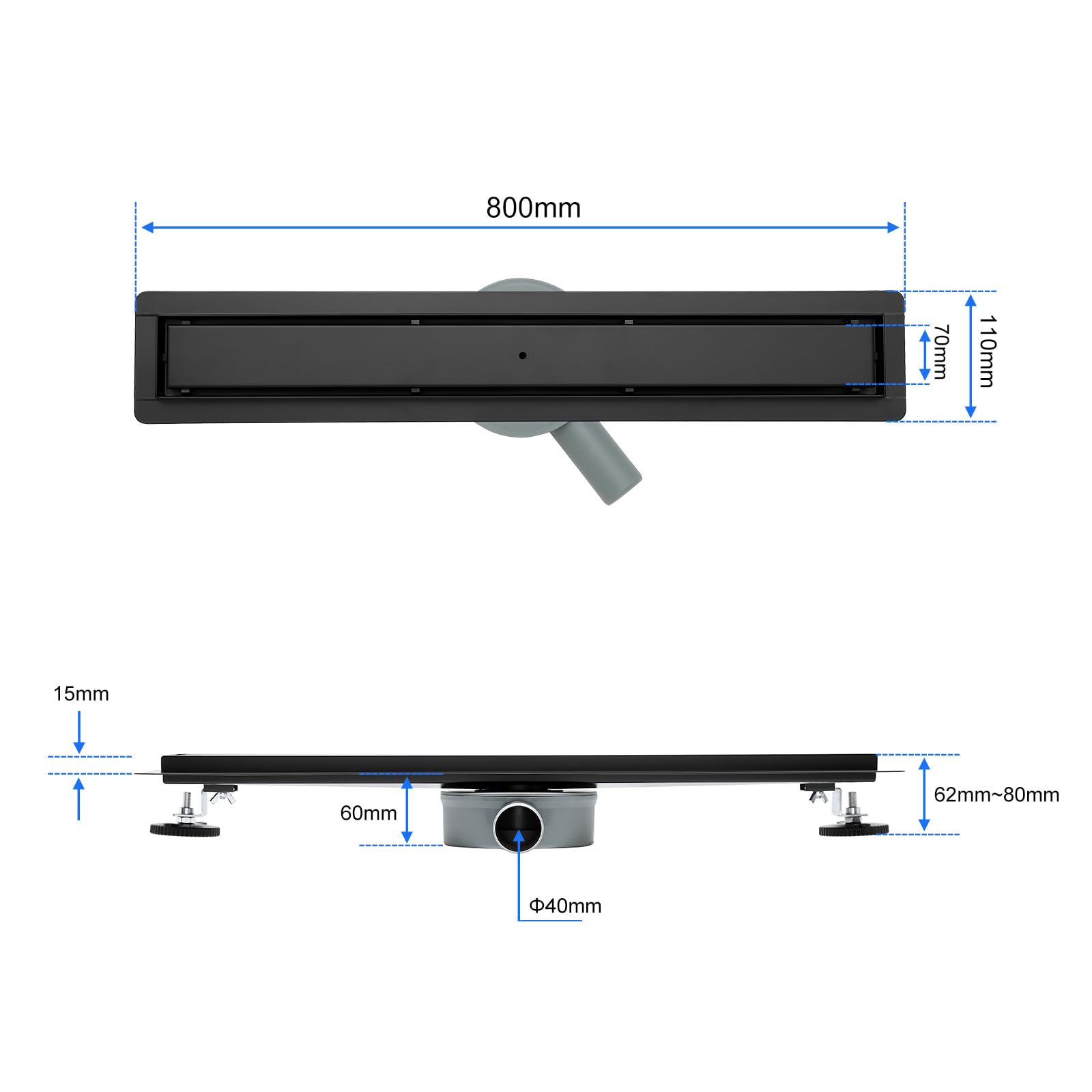 Canaleta para ducha con revestimiento de azulejos, 80 cm, color negro mate, sifón de 360° con filtro antiolores y filtro para el pelo, acero inoxidable 304, desagüe para el suelo, desagüe de