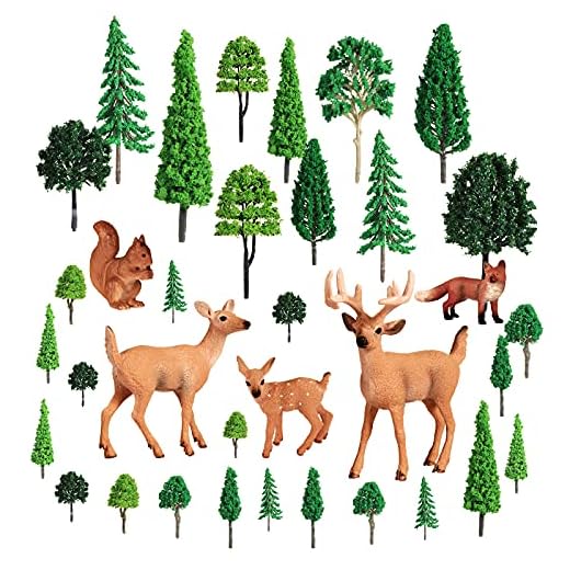 35 Pcs Woodland Animals Figures Model Trees Kit 5 Pcs Forest Animal Toys 30 Pcs 1.18-6.30 Inch Mixed Miniature Trees Miniature Cake Toppers Kids Birthday Christmas Village Accessories (Deer Style)