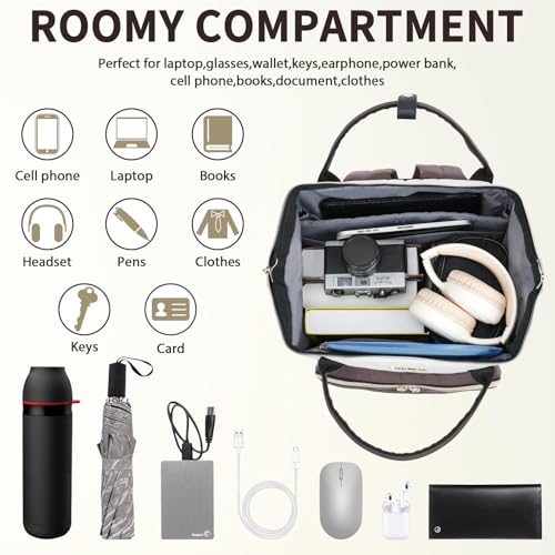 Image of VANKEAN 15.6 Inch Laptop Backpack for Women Fashion Computer Work Bag, Large Capacity Waterproof Backpack, College Daypack Business Travel, (Beige-Coffee, 15.6 Inch)