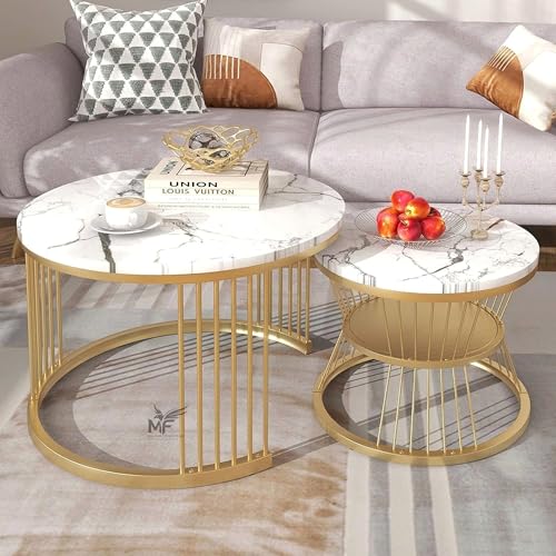 Image of MELVON Lightweight Nesting Coffee Table Set of 2, Golden Frame with White Marble Look Top, Two Tier Storage Round Center & Side Table for Living Room & Balcony