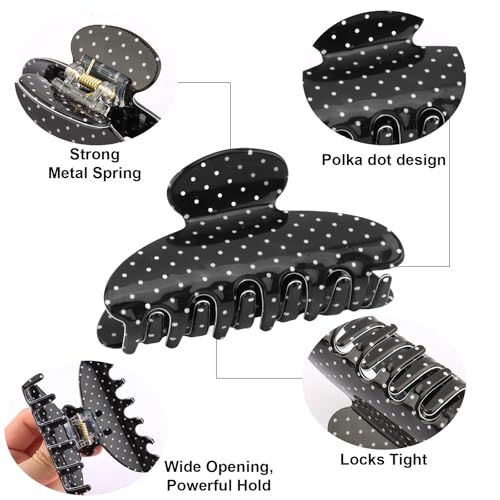 2 Pack de Pinzas de Garra con Lunares para Mujer, Pinzas Antideslizantes de Tamaño Medio, Plástico, para Cabello Grueso, Blanco y Negro con Lunares, Accesorios para el Cabello miniatura 4