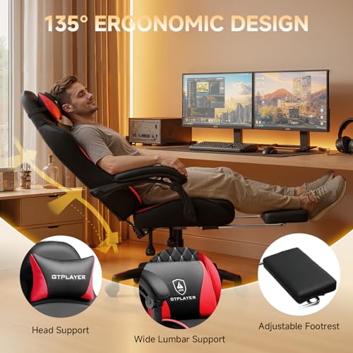 Image of GTPLAYER Gaming Chair, High Back Leather Computer Gaming Chair with Footrest, Ergonomic Height Adjustable Office Chair with Removable Cover and Lumbar Support for Gaming & Work,RED