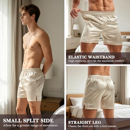 Image of AMY COULEE Mens Satin Boxer Shorts Silky Lightweight Pajama Bottoms Split Side Lounge Sleep Shorts