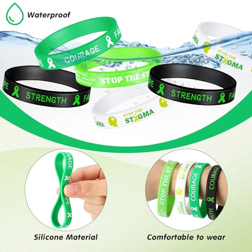 Leyndo Bulk Mental Health Awareness Bracelet Green Awareness Ribbon Silicone Bracelets with Inspirational Saying Disease Wristbands Hope Strength Faith Courage 5
