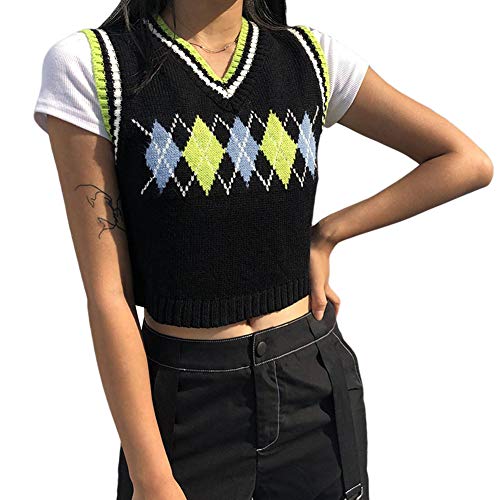 Women's V Neck Sleeveless Knitted Vest Spaghetti Strap Argyle Plaid Crop Tank Top Sweater Preppy Style Knitwear (Black-A1, S)