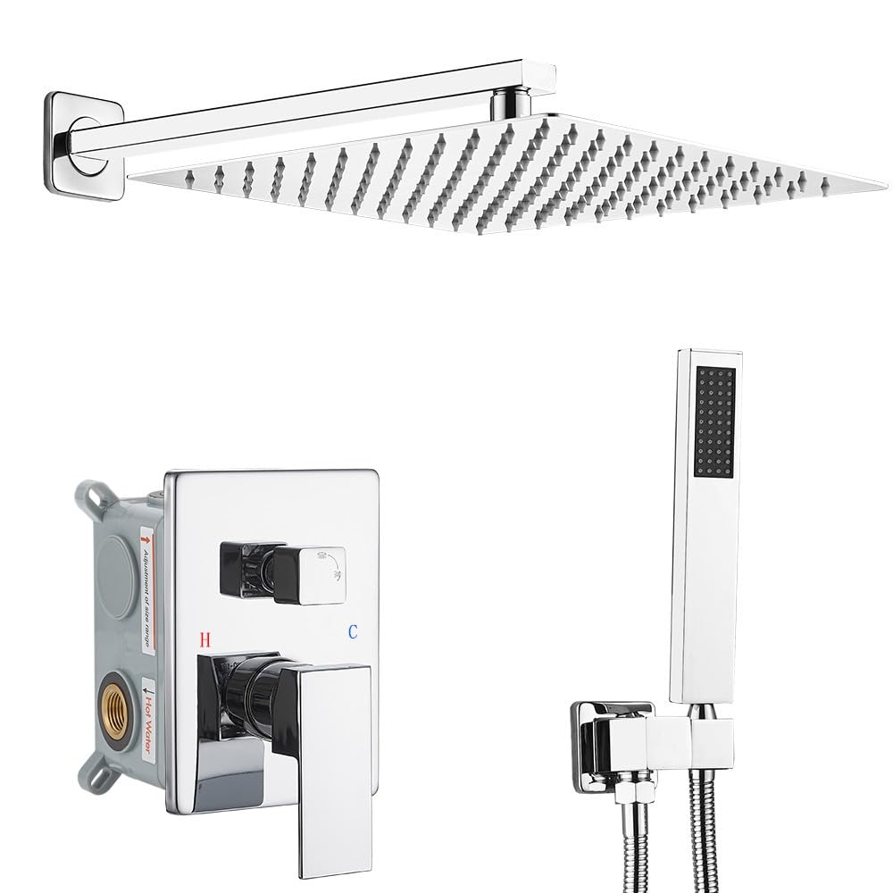 Shower Faucet Set Complete, Wall Mount Shower System for Bathroom 12 Inch High-Pressure Rainfall Shower with Handheld, Rough-in Valve Body and Trim Kit, Polished Chrome