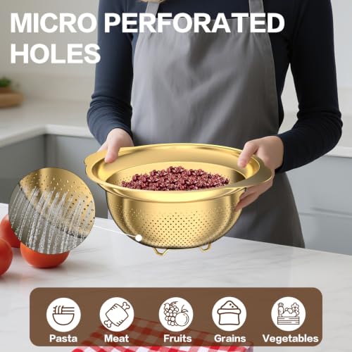 Image of Stainless Steel Strainers for Kitchen, Stainless Steel Colander, Kitchen Strainer for Pasta Fruits Vegetables, 3 Pack Strainers and Colanders(5QT, 3QT, 2QT), Rust-Proof & Dishwasher Safe, Gold