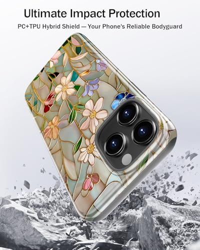 Image of Goodon for iPhone 13 Pro Case Cute,Aesthetic Vintage Mosaic Stained Glass Shell Design,Glossy Floral Pattern,MagSafe Compatible,Preppy Trendy Y2K Protective Silicone Phone Cover for Women Girls