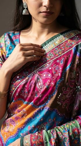 Image of Ajrakh Sarees for Women | Roman Silk Ajrakh Print Saree for Woman with Real Mirror Work Border & Designer Pallu with Blouse Piece Multicolor Ethnic Wear (Orange Color)