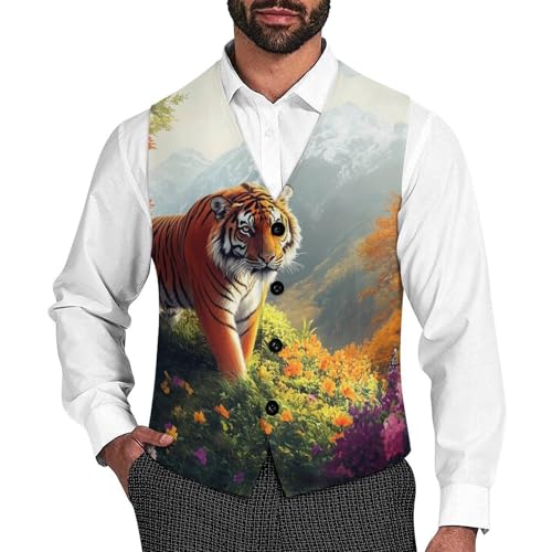 Tigers in The Mountains Suit Vest for Men Slim Fit Sleeveless Jacket V Neck Business Waistcoat Button Up Dressy Top