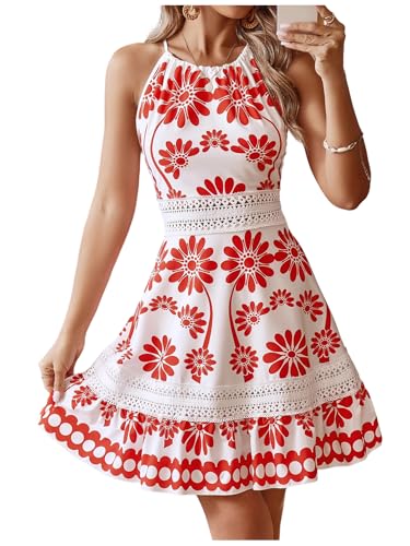 Image of Floerns Women's Contrast Lace Sleeveless Halter Dress Backless Vacation A Line Dress