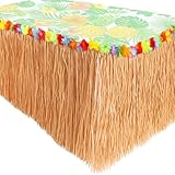 GIFTEXPRESS 9 feet X29 Luau Grass Table Skirt, Hawaiian Luau Libiscus Table Skirt for Hawaiian Party, Luau Party Supplies, Luau Party Decorations, Moana Birthday Party (Natural Hay Grass)
