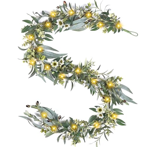 Artgar Olive Garland with Lights - 6 Ft Eucalyptus Garland with Timer 30 Fairy Lights Artificial Greenery Olive Leaf Vine Garlands for Indoor Outdoor Wedding Arch Backdrop Table Spring/Summer Decor