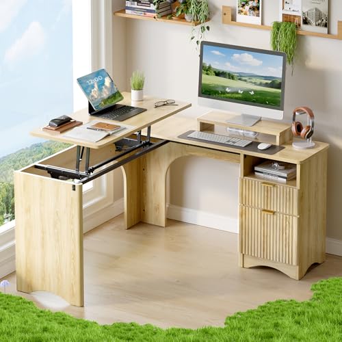 Bestier L Shaped Desk with Lift Desktop, 55 inch Corner Desk with Fluted Panel Deisgn Drawers, Modern Office Desk with File Drawer (Natual Oak, 55'' x 55'' Lift Top)