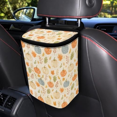 Image of Talayituse Fall Pumpkin Maple Leaf Print Car Trash Can with Lid, Leak Proof Auto Trash Bag Hanging Vehicle Garbage Can Multipurpose Storage Container for Back Seat Road Trip Autumn Decor