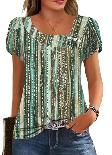 Image of Womens Petal Sleeve Tops Summer Trendy T Shirt Casual Loose Square Neck Button Blouse Tees
