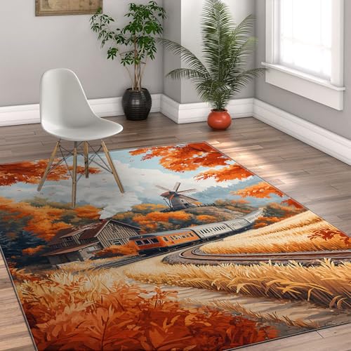 HOBBOY Alfombras de Lanzamiento de otoño Vintage Campo de Trigo Molino de Viento Tren Paisaje Alfombra Delgada Suave para Sala de Estar Dormitorio Granja 180 x 210 cm
