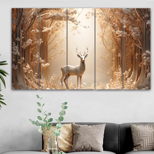 Image of Maxstone Forest with Deer Wall Painting Vastu Painting Living Room,bedroom,Office Multiple 5 Panals,Big Size Wall Decor Painting (30x60 Inch) M1389