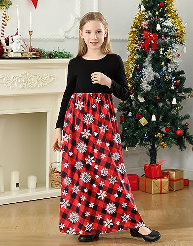 Image of KYMIDY Girl Maxi Dress Kids Casual Buffalo Check Plaid Long Sleeve Dresses with Pockets(6-14yrs)