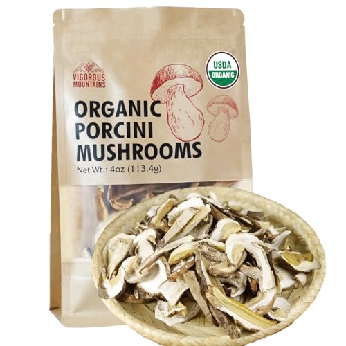 Vigorous Mountains 4Oz Dried Organic Porcini Mushrooms, Umami Dried Mushrooms For Cooking Soups, Pasta, Stir Fries, Vegan Pure All-Natural Easy To Rehydrate