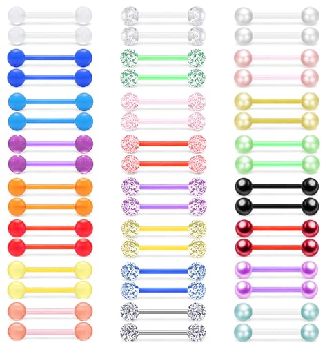 48Pcs 14G Glow in Dark Flexible Acrylic Straight Tongue Barbell Nipple Ring Retainer Piercing Jewelry for Women Men 16mm Bar