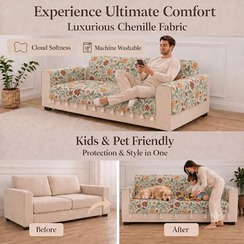 Image of STITCHNEST 'Eden Weaves Collection Series' 3 Seater Sofa Cover | Full Coverage with Armrest Pockets | Elegant Woven Fabric, Decorative Tassels, Washable & Durable for Modern Living