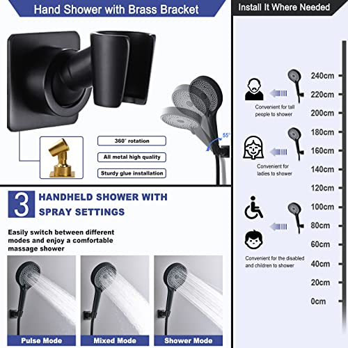 10" Rainfall Shower Head With Handheld Combo, Upgrade 12" Extension Arm Height Adjustable, 3-Way High Pressure Shower Head With Handheld Spray, Brass Shower Holder Extra Long Shower Hose, Matte Black #TOP4