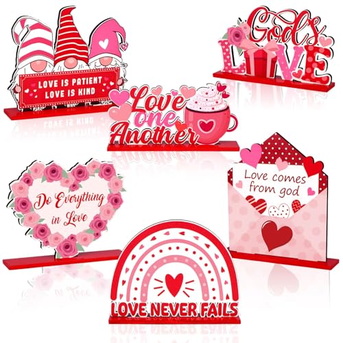 6 Pcs Christian Valentine’s Day Table Centerpiece Wooden Red Pink Desk Ornament Christian Love Theme Standing Signs Religious Valentines Decoration for Home Kitchen Church Wedding