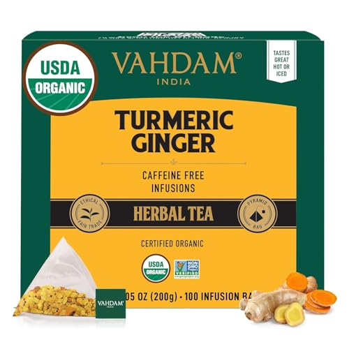 VAHDAM Organic Turmeric Ginger Herbal Tea Bags (100 Pyramid Tea Bags) Caffeine Free, Non GMO | 100% Pure Herbal Blend - Savory &amp; Spicy, Plant-Based Teabags | Resealable Ziplock Pouch